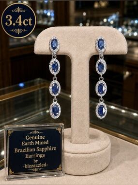 Sapphire & Topaz Dangle Earrings Sterling Silver Genuine Blue White  3.4ct